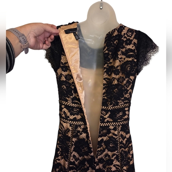 WHBM Cap Sleeve All Over Lace Godet Fit N Flare Dress Cocktail Party Black - Picture 5 of 11